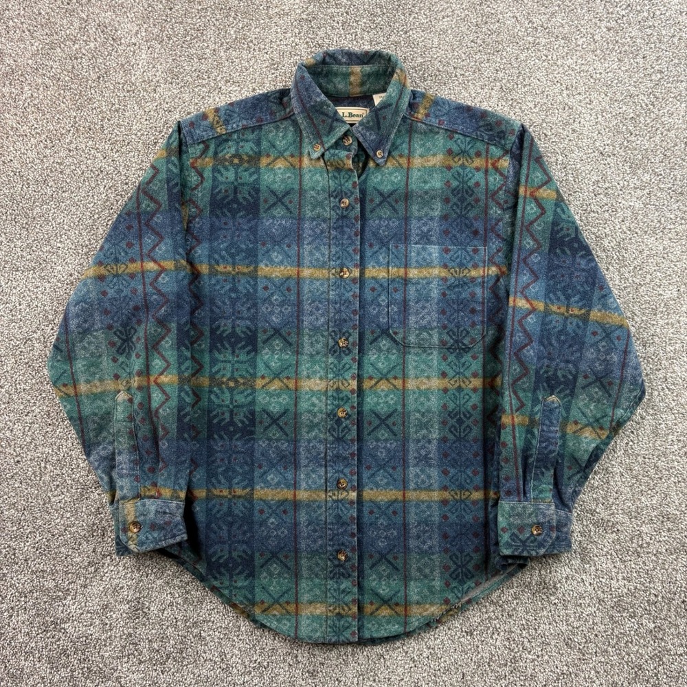 Vintage L.L. Bean Flannel Shirt Women's Small Blue Green Cotton Aztec Pattern